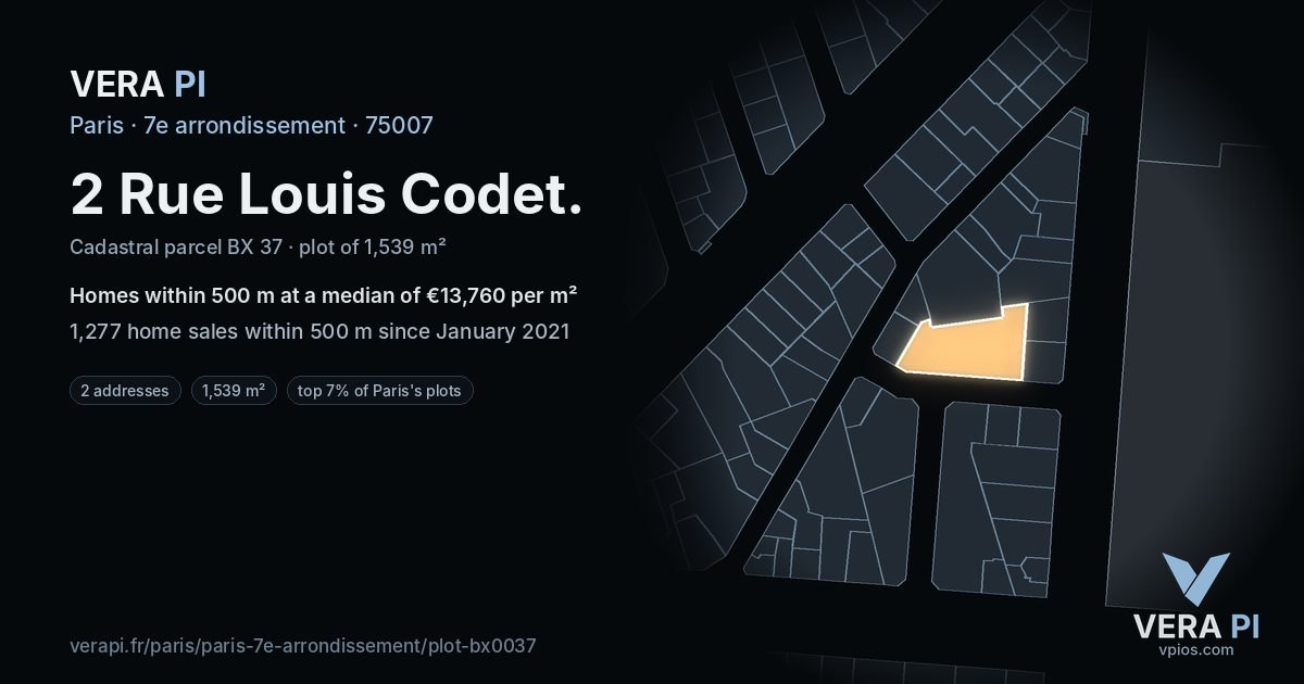 2 Rue Louis Codet, 7e arrondissement at night – the plot lit, the parcels around coloured by the prices near them