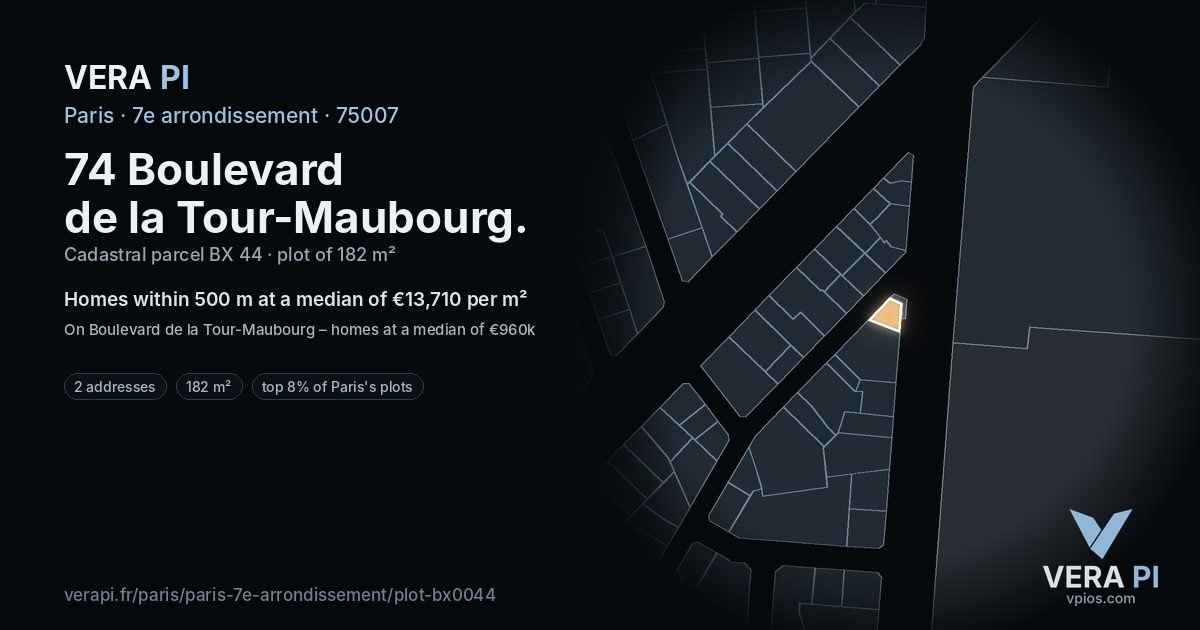 74 Boulevard de la Tour-Maubourg, 7e arrondissement at night – the plot lit, the parcels around coloured by the prices near them