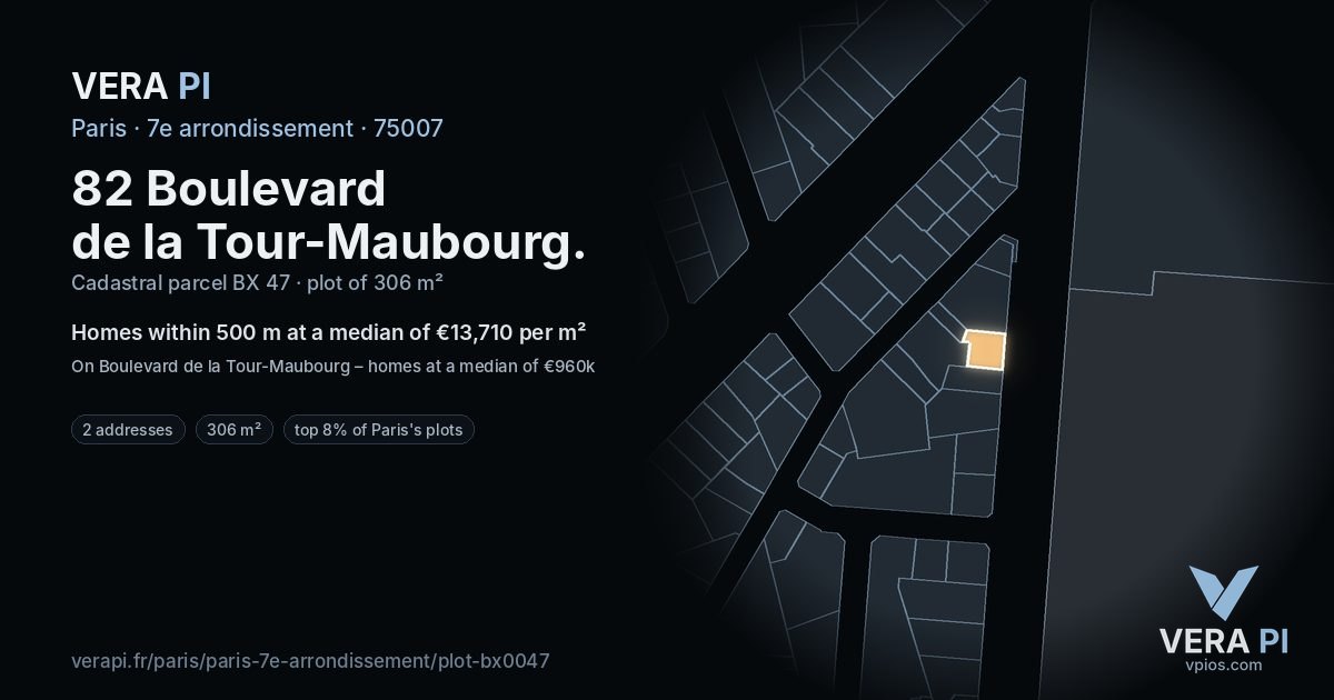 82 Boulevard de la Tour-Maubourg, 7e arrondissement at night – the plot lit, the parcels around coloured by the prices near them