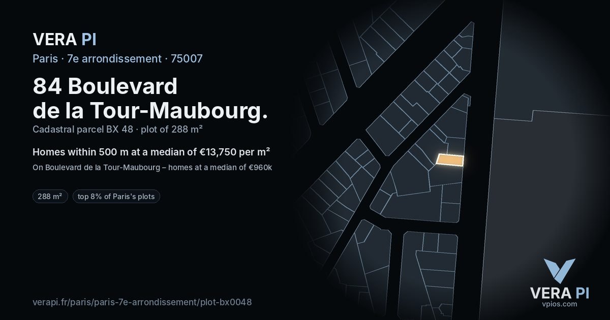 84 Boulevard de la Tour-Maubourg, 7e arrondissement at night – the plot lit, the parcels around coloured by the prices near them