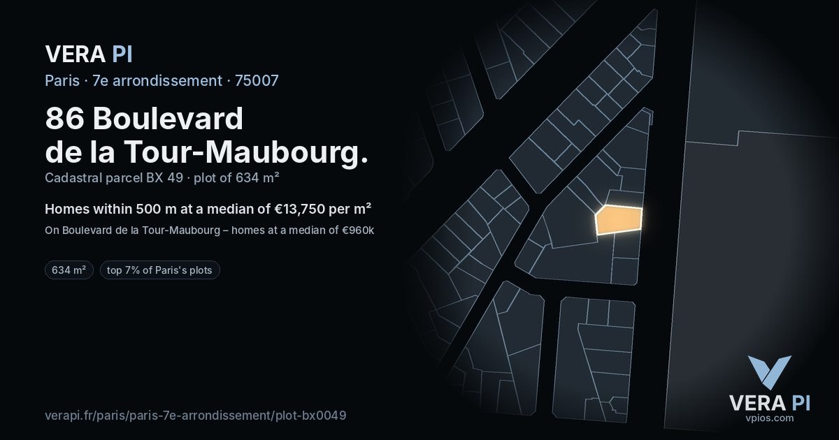 86 Boulevard de la Tour-Maubourg, 7e arrondissement at night – the plot lit, the parcels around coloured by the prices near them