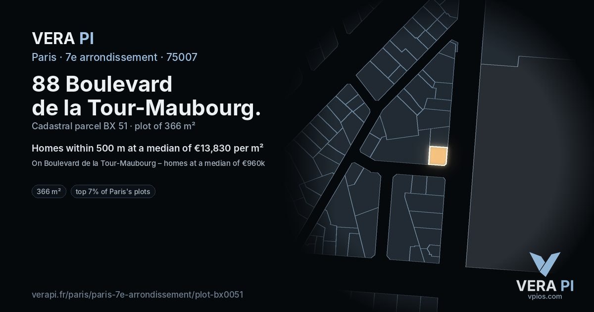 88 Boulevard de la Tour-Maubourg, 7e arrondissement at night – the plot lit, the parcels around coloured by the prices near them