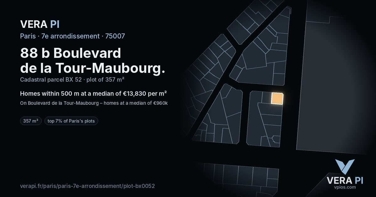 88 b Boulevard de la Tour-Maubourg, 7e arrondissement at night – the plot lit, the parcels around coloured by the prices near them