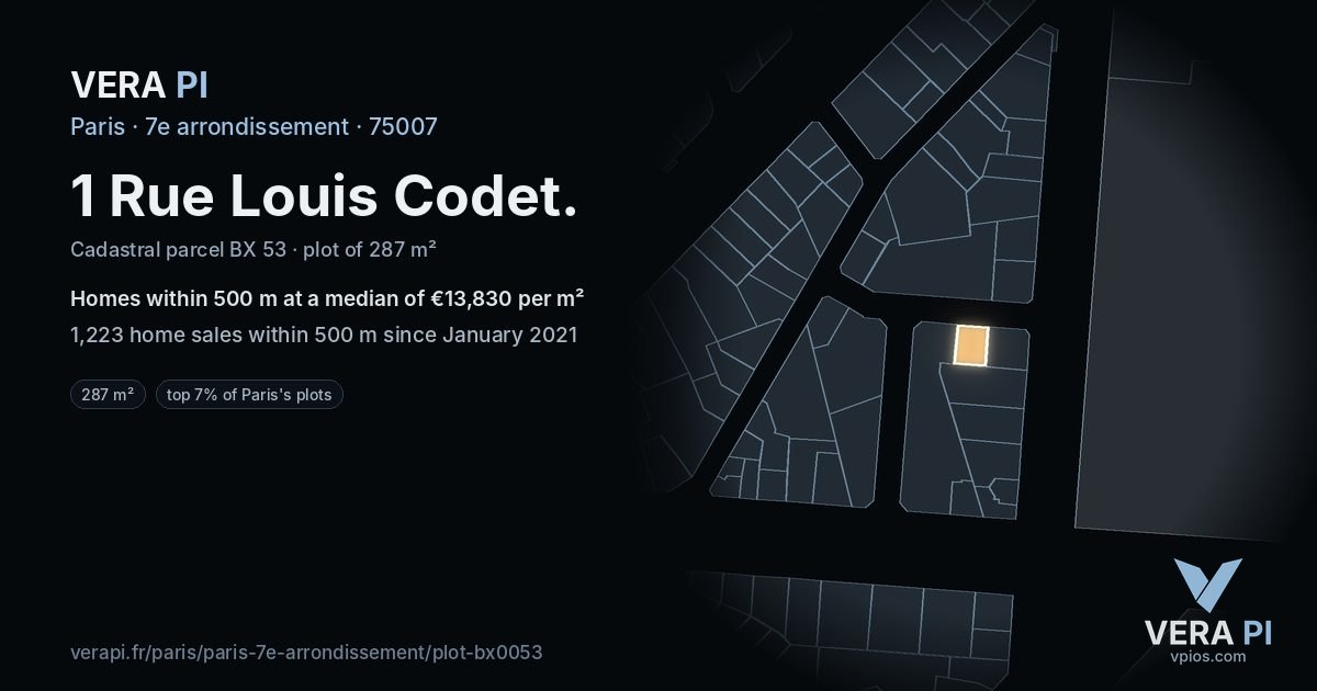 1 Rue Louis Codet, 7e arrondissement at night – the plot lit, the parcels around coloured by the prices near them