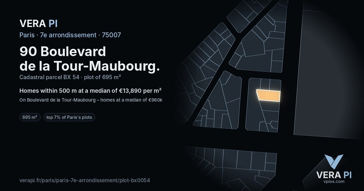 90 Boulevard de la Tour-Maubourg, 7e arrondissement at night – the plot lit, the parcels around coloured by the prices near them