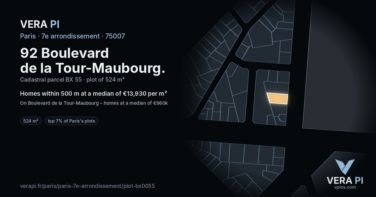 92 Boulevard de la Tour-Maubourg, 7e arrondissement at night – the plot lit, the parcels around coloured by the prices near them