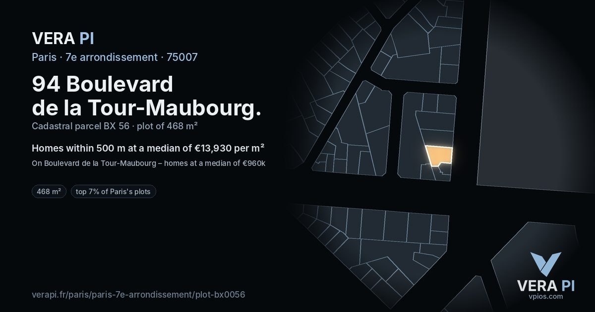 94 Boulevard de la Tour-Maubourg, 7e arrondissement at night – the plot lit, the parcels around coloured by the prices near them
