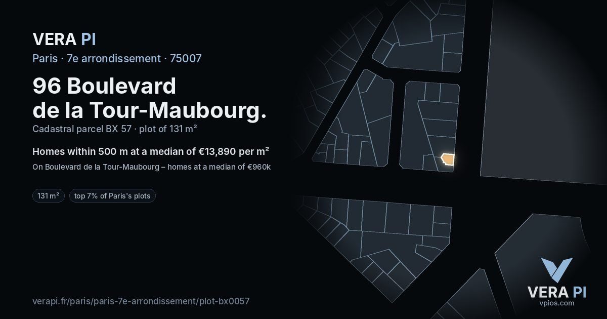 96 Boulevard de la Tour-Maubourg, 7e arrondissement at night – the plot lit, the parcels around coloured by the prices near them