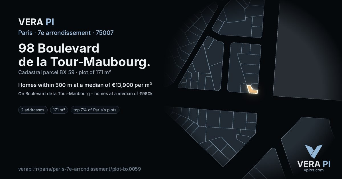 98 Boulevard de la Tour-Maubourg, 7e arrondissement at night – the plot lit, the parcels around coloured by the prices near them
