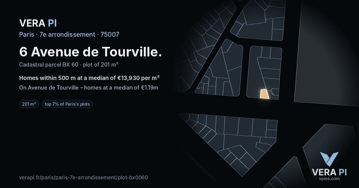 6 Avenue de Tourville, 7e arrondissement at night – the plot lit, the parcels around coloured by the prices near them