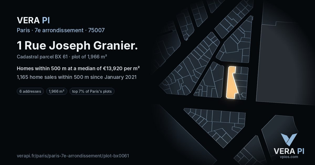 1 Rue Joseph Granier, 7e arrondissement at night – the plot lit, the parcels around coloured by the prices near them