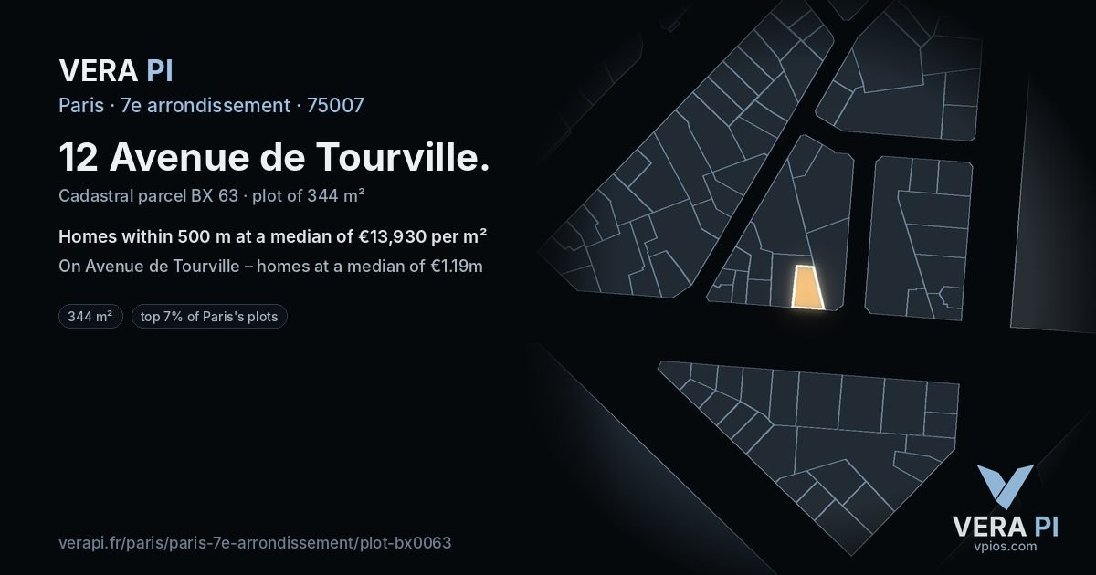 12 Avenue de Tourville, 7e arrondissement at night – the plot lit, the parcels around coloured by the prices near them