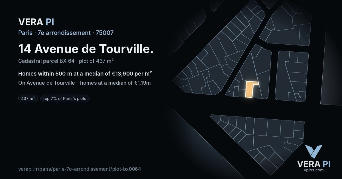 14 Avenue de Tourville, 7e arrondissement at night – the plot lit, the parcels around coloured by the prices near them