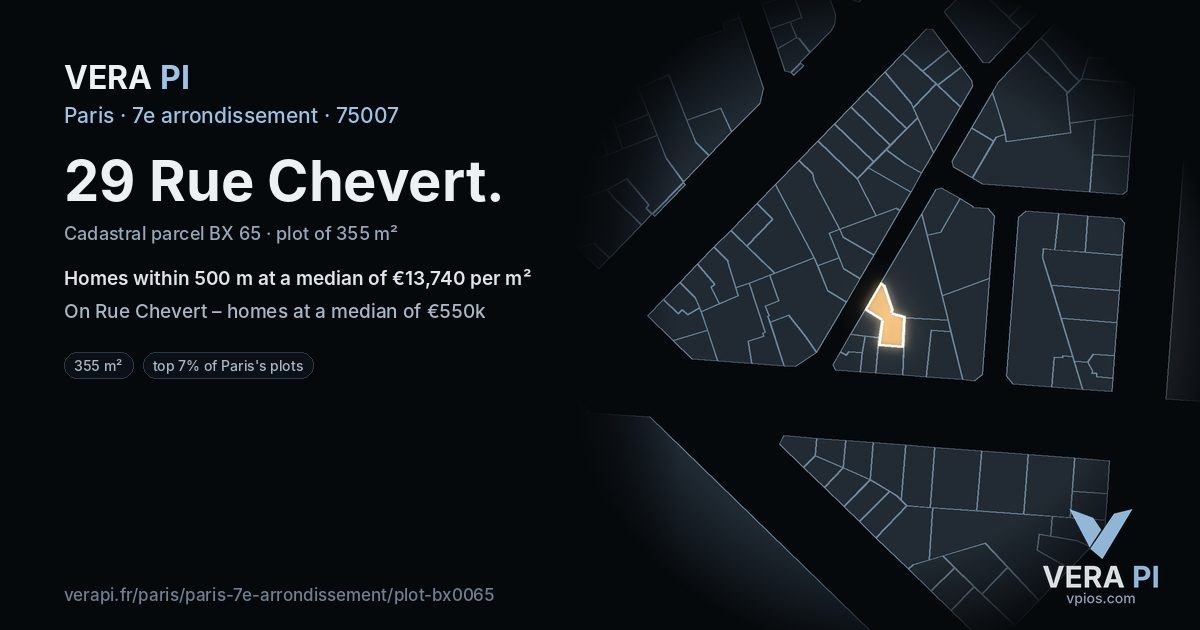 29 Rue Chevert, 7e arrondissement at night – the plot lit, the parcels around coloured by the prices near them