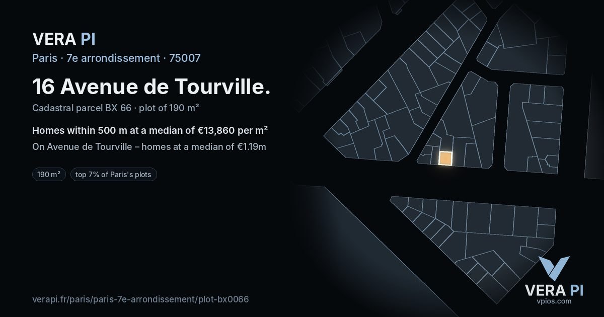 16 Avenue de Tourville, 7e arrondissement at night – the plot lit, the parcels around coloured by the prices near them