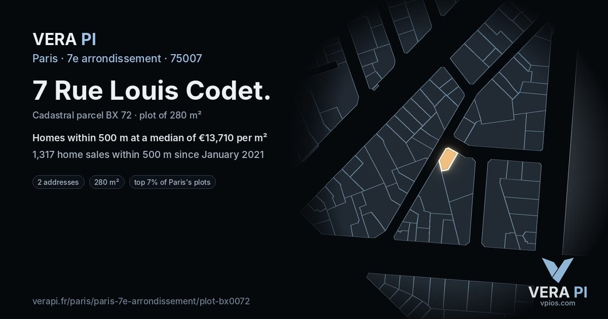 7 Rue Louis Codet, 7e arrondissement at night – the plot lit, the parcels around coloured by the prices near them