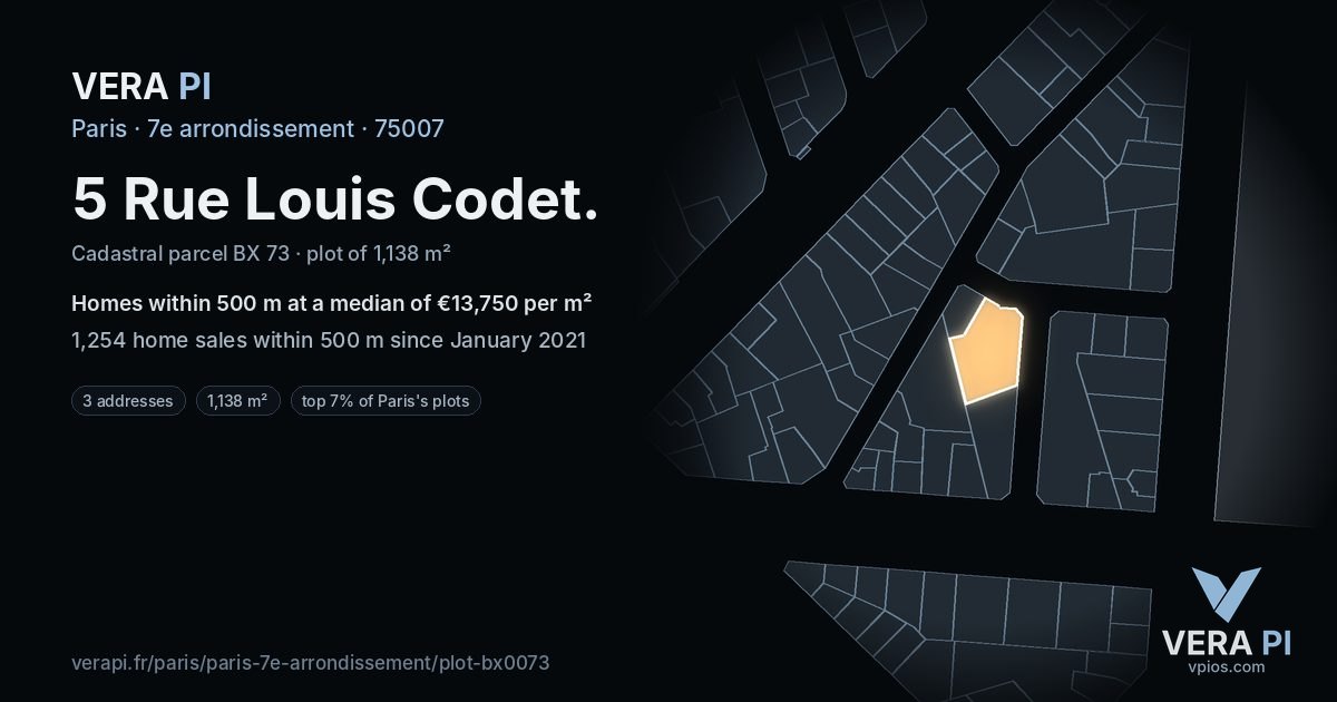5 Rue Louis Codet, 7e arrondissement at night – the plot lit, the parcels around coloured by the prices near them