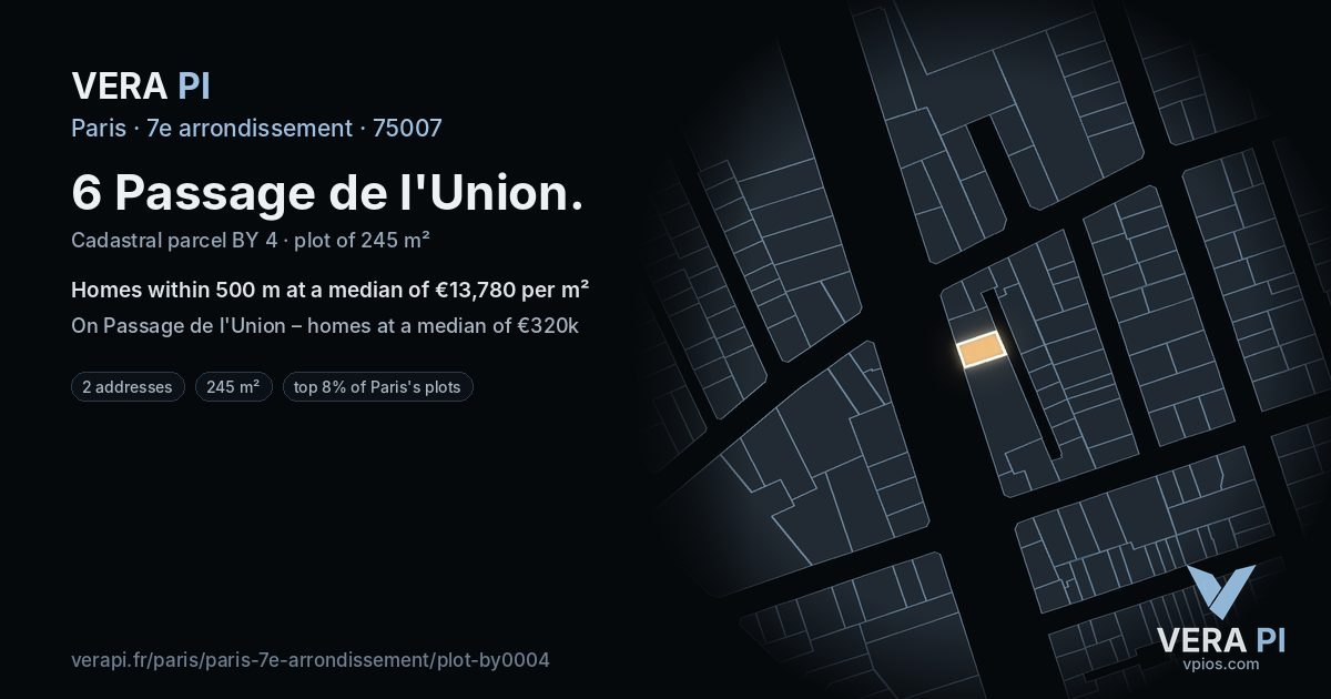 6 Passage de l'Union, 7e arrondissement at night – the plot lit, the parcels around coloured by the prices near them