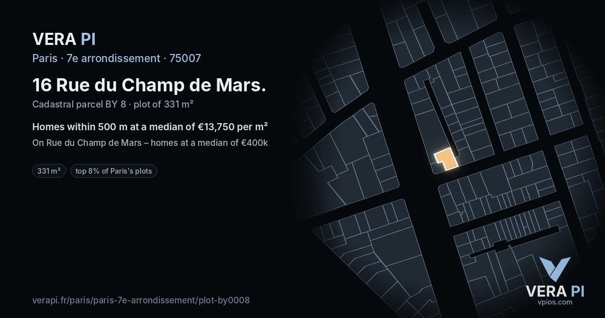 16 Rue du Champ de Mars, 7e arrondissement at night – the plot lit, the parcels around coloured by the prices near them