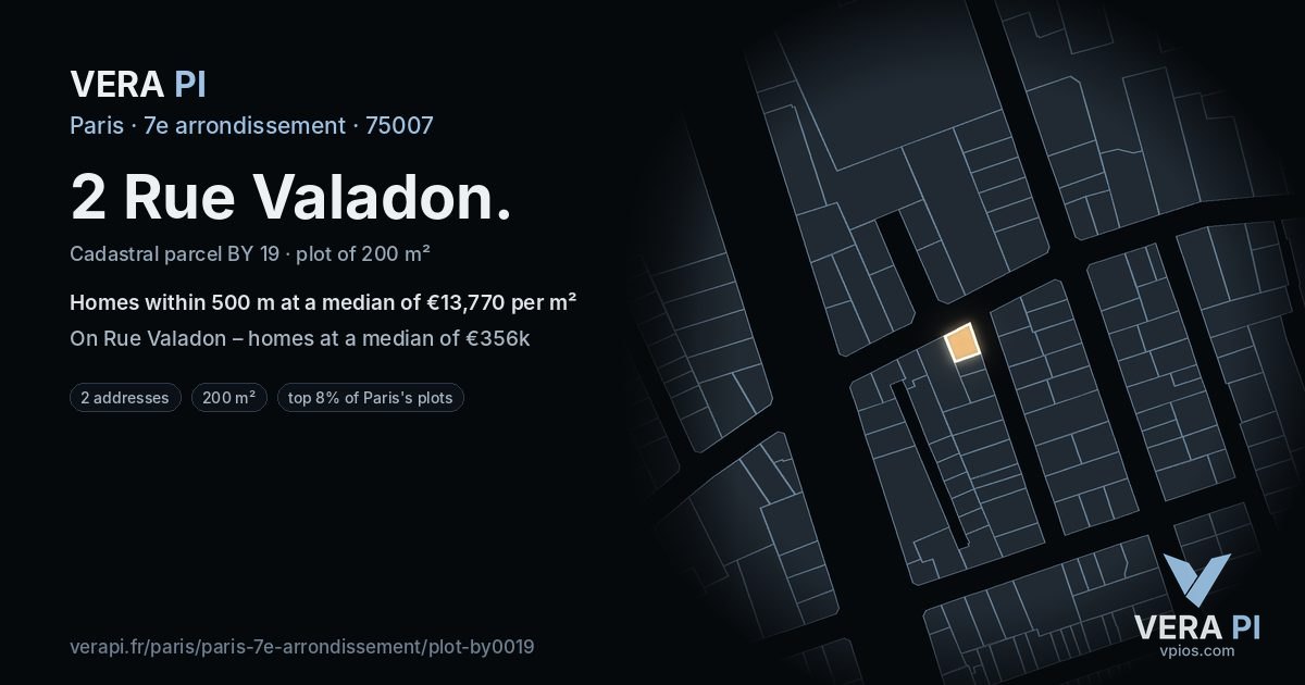 2 Rue Valadon, 7e arrondissement at night – the plot lit, the parcels around coloured by the prices near them