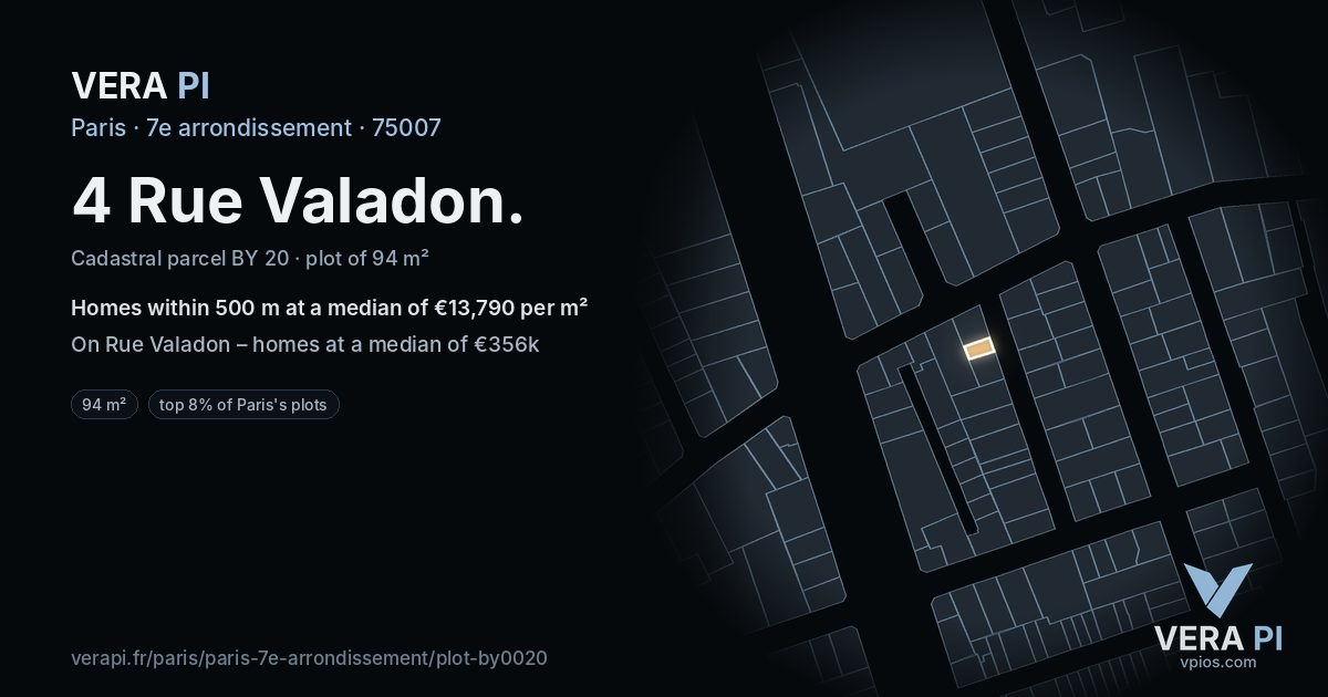 4 Rue Valadon, 7e arrondissement at night – the plot lit, the parcels around coloured by the prices near them