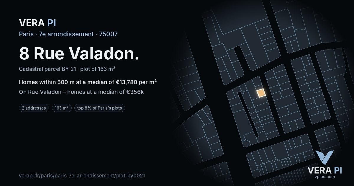 8 Rue Valadon, 7e arrondissement at night – the plot lit, the parcels around coloured by the prices near them