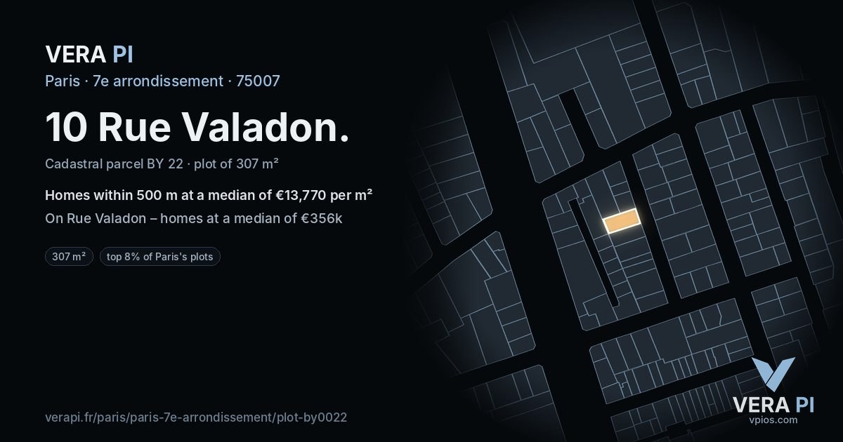 10 Rue Valadon, 7e arrondissement at night – the plot lit, the parcels around coloured by the prices near them