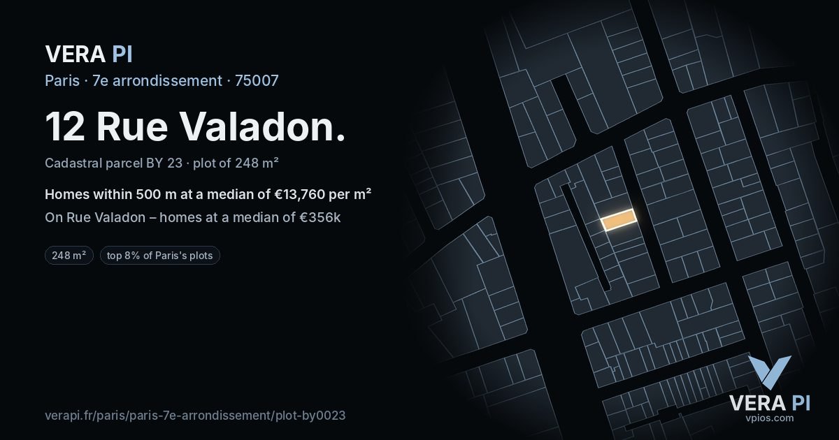 12 Rue Valadon, 7e arrondissement at night – the plot lit, the parcels around coloured by the prices near them