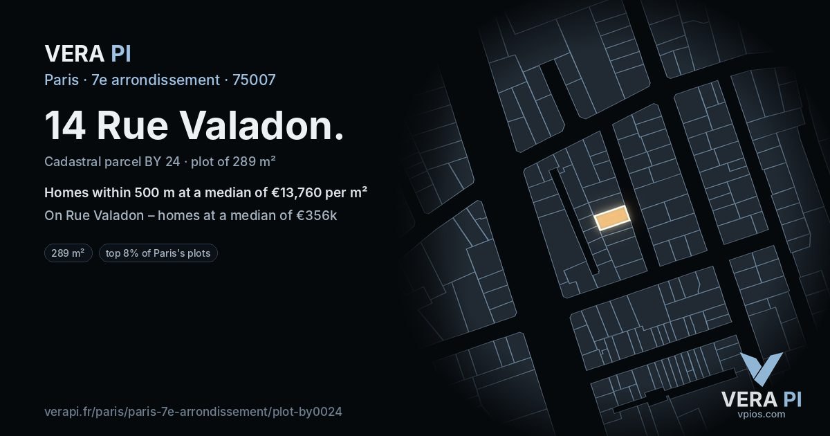 14 Rue Valadon, 7e arrondissement at night – the plot lit, the parcels around coloured by the prices near them