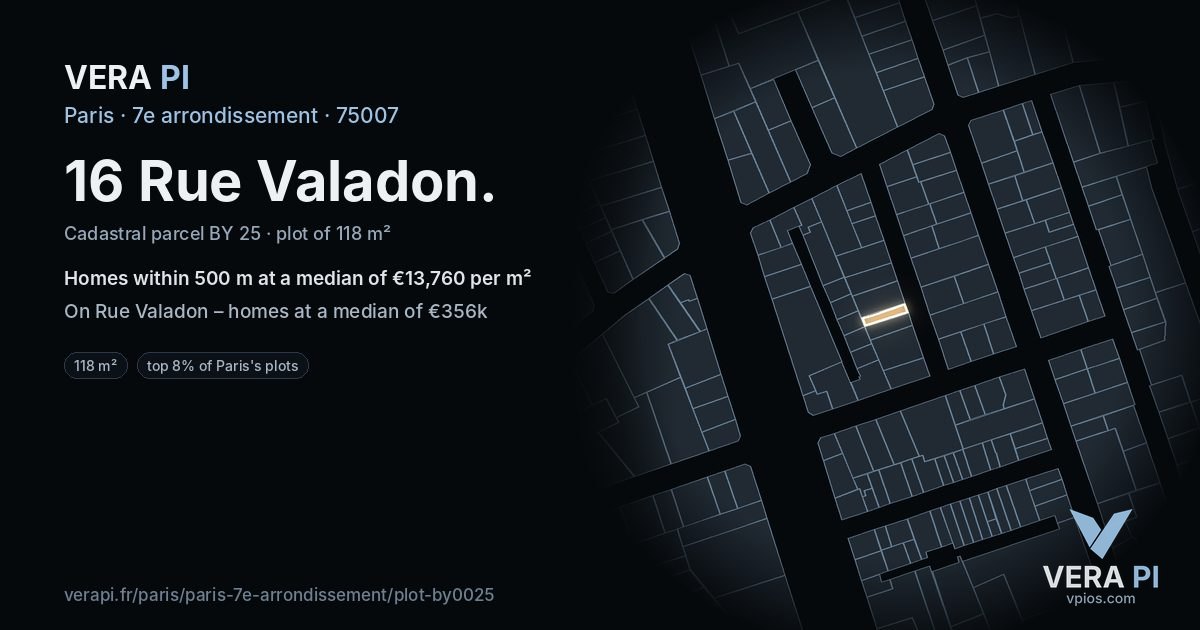 16 Rue Valadon, 7e arrondissement at night – the plot lit, the parcels around coloured by the prices near them
