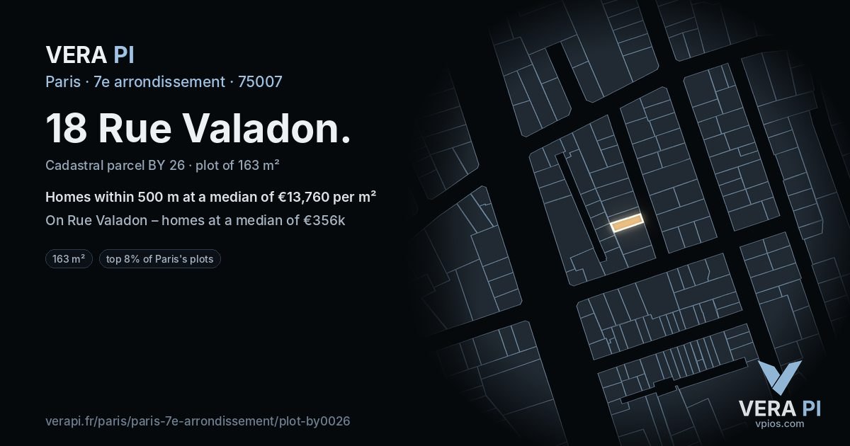 18 Rue Valadon, 7e arrondissement at night – the plot lit, the parcels around coloured by the prices near them