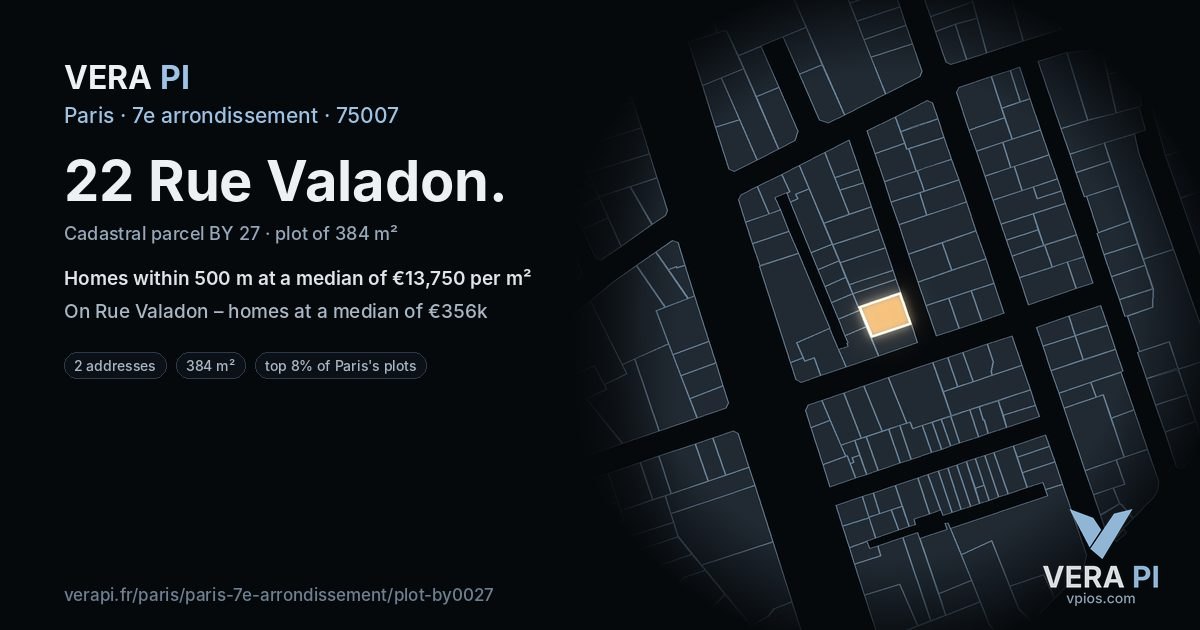 22 Rue Valadon, 7e arrondissement at night – the plot lit, the parcels around coloured by the prices near them