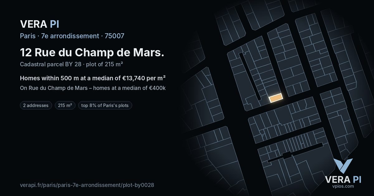 12 Rue du Champ de Mars, 7e arrondissement at night – the plot lit, the parcels around coloured by the prices near them