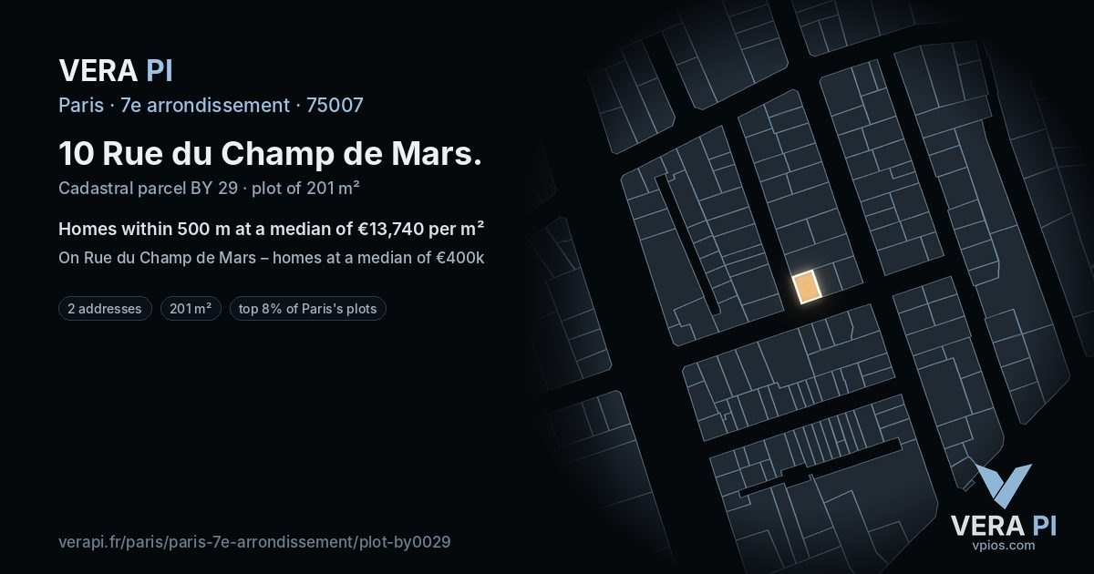 10 Rue du Champ de Mars, 7e arrondissement at night – the plot lit, the parcels around coloured by the prices near them