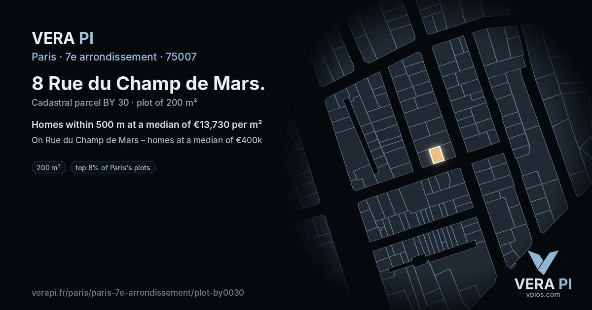 8 Rue du Champ de Mars, 7e arrondissement at night – the plot lit, the parcels around coloured by the prices near them