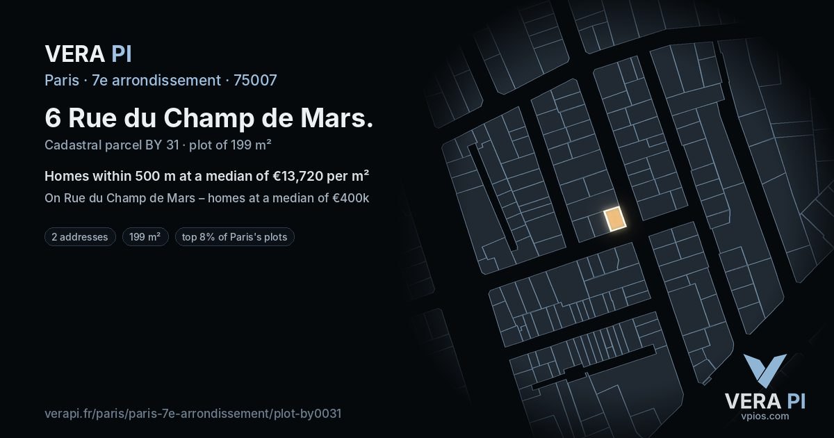 6 Rue du Champ de Mars, 7e arrondissement at night – the plot lit, the parcels around coloured by the prices near them