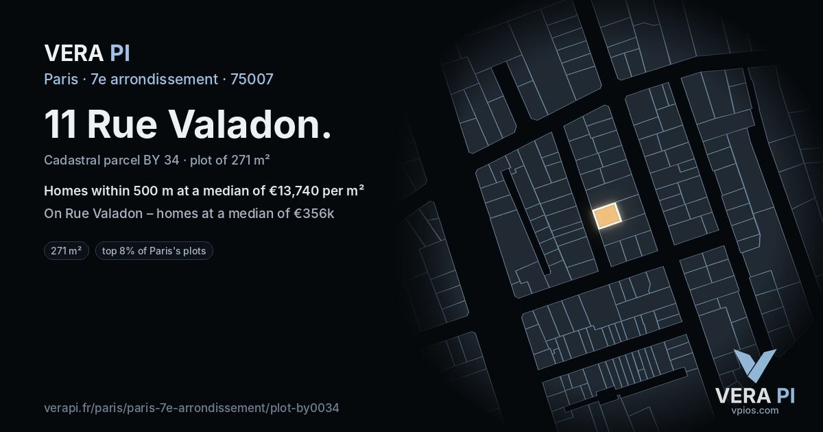 11 Rue Valadon, 7e arrondissement at night – the plot lit, the parcels around coloured by the prices near them