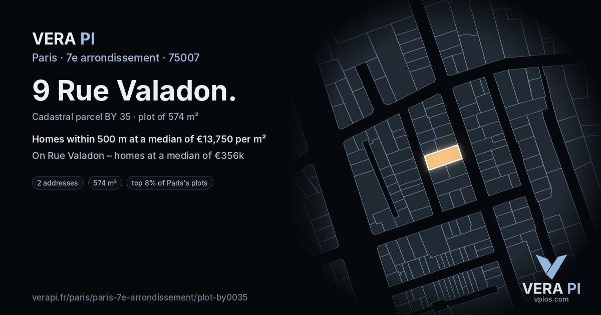 9 Rue Valadon, 7e arrondissement at night – the plot lit, the parcels around coloured by the prices near them