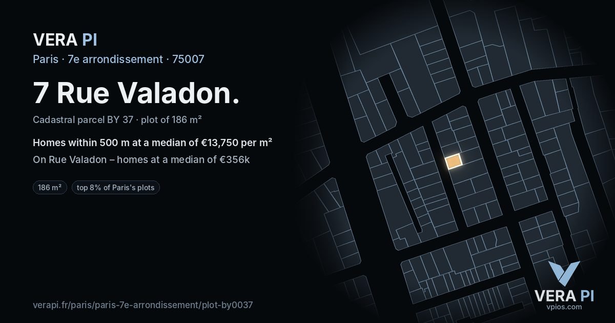 7 Rue Valadon, 7e arrondissement at night – the plot lit, the parcels around coloured by the prices near them