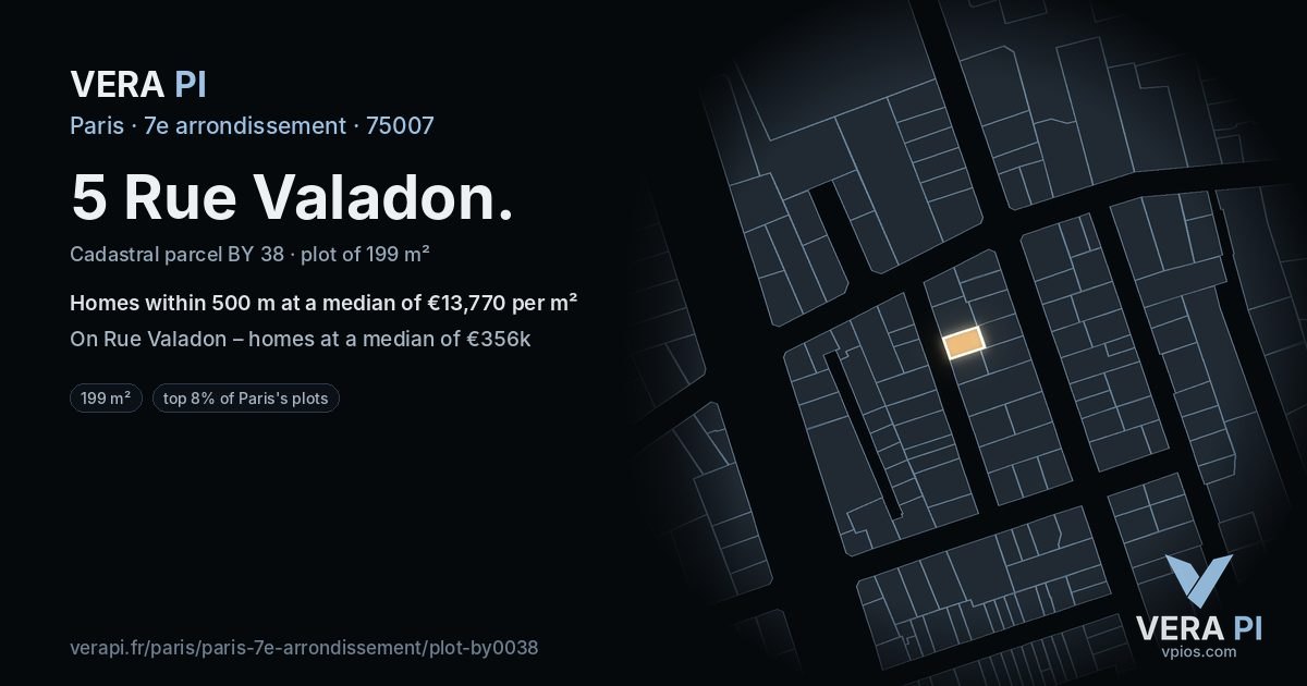 5 Rue Valadon, 7e arrondissement at night – the plot lit, the parcels around coloured by the prices near them