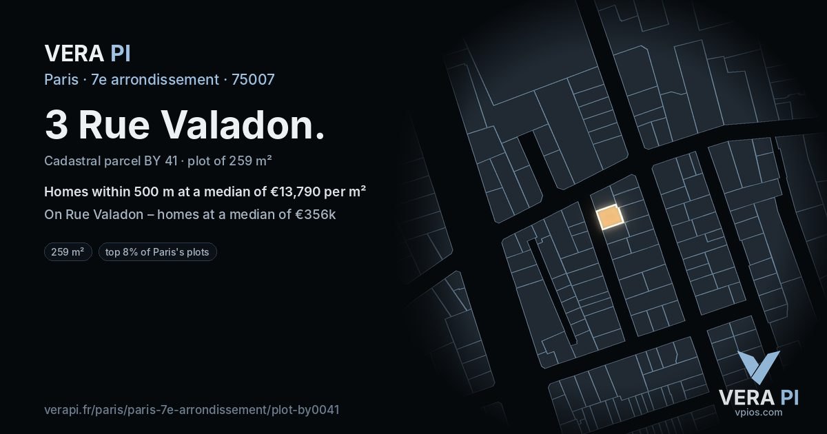3 Rue Valadon, 7e arrondissement at night – the plot lit, the parcels around coloured by the prices near them