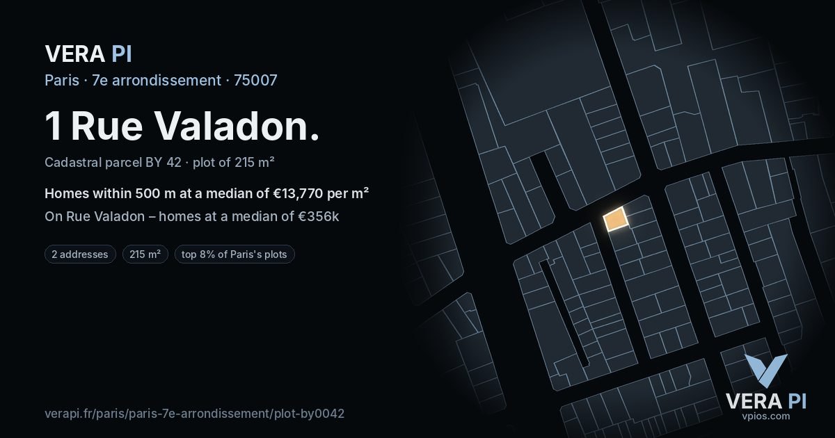 1 Rue Valadon, 7e arrondissement at night – the plot lit, the parcels around coloured by the prices near them