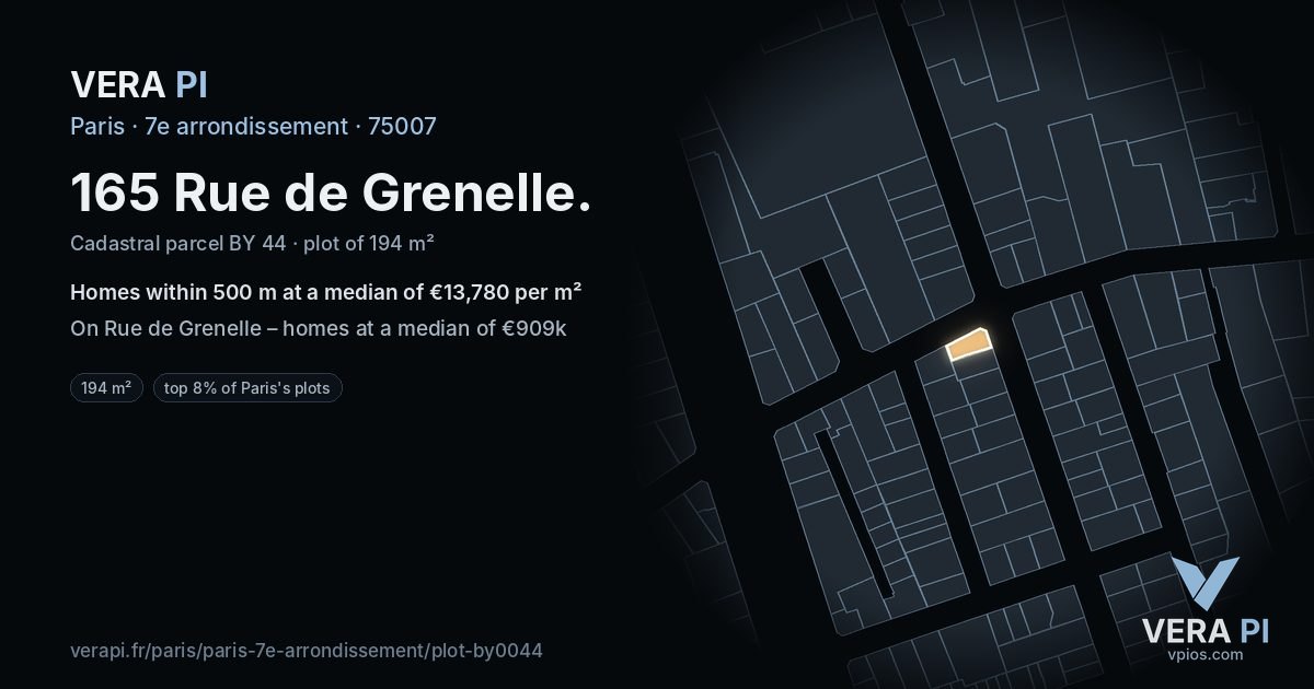 165 Rue de Grenelle, 7e arrondissement at night – the plot lit, the parcels around coloured by the prices near them