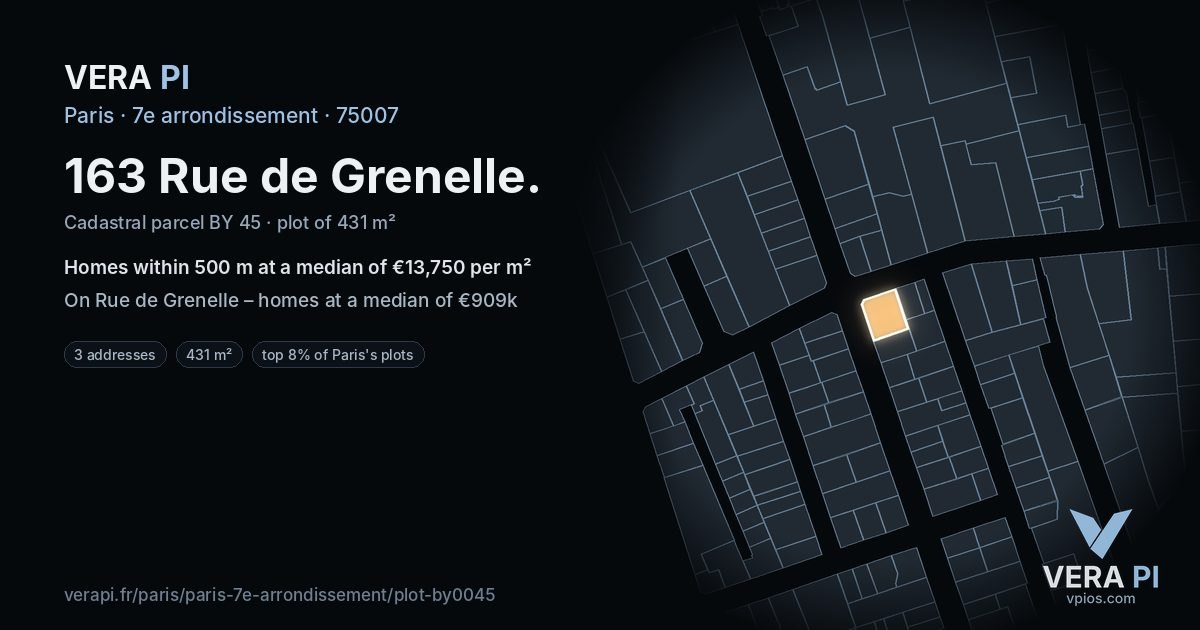 163 Rue de Grenelle, 7e arrondissement at night – the plot lit, the parcels around coloured by the prices near them