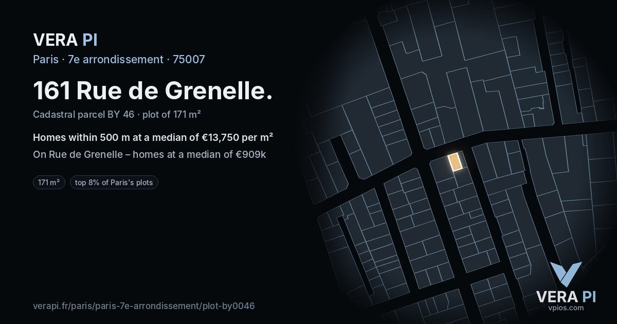 161 Rue de Grenelle, 7e arrondissement at night – the plot lit, the parcels around coloured by the prices near them