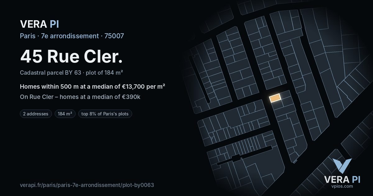 45 Rue Cler, 7e arrondissement at night – the plot lit, the parcels around coloured by the prices near them