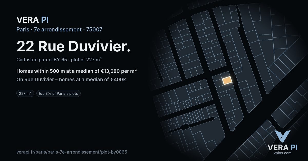 22 Rue Duvivier, 7e arrondissement at night – the plot lit, the parcels around coloured by the prices near them