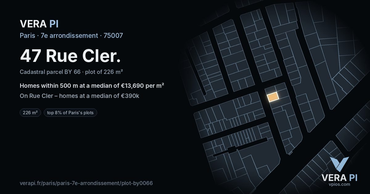 47 Rue Cler, 7e arrondissement at night – the plot lit, the parcels around coloured by the prices near them