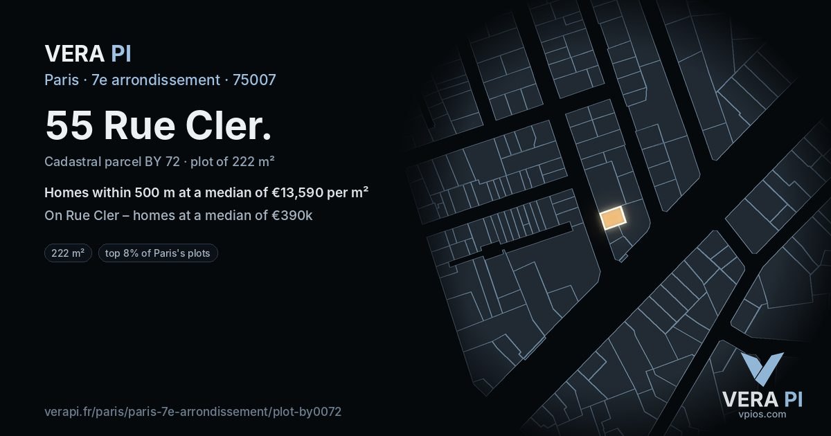 55 Rue Cler, 7e arrondissement at night – the plot lit, the parcels around coloured by the prices near them