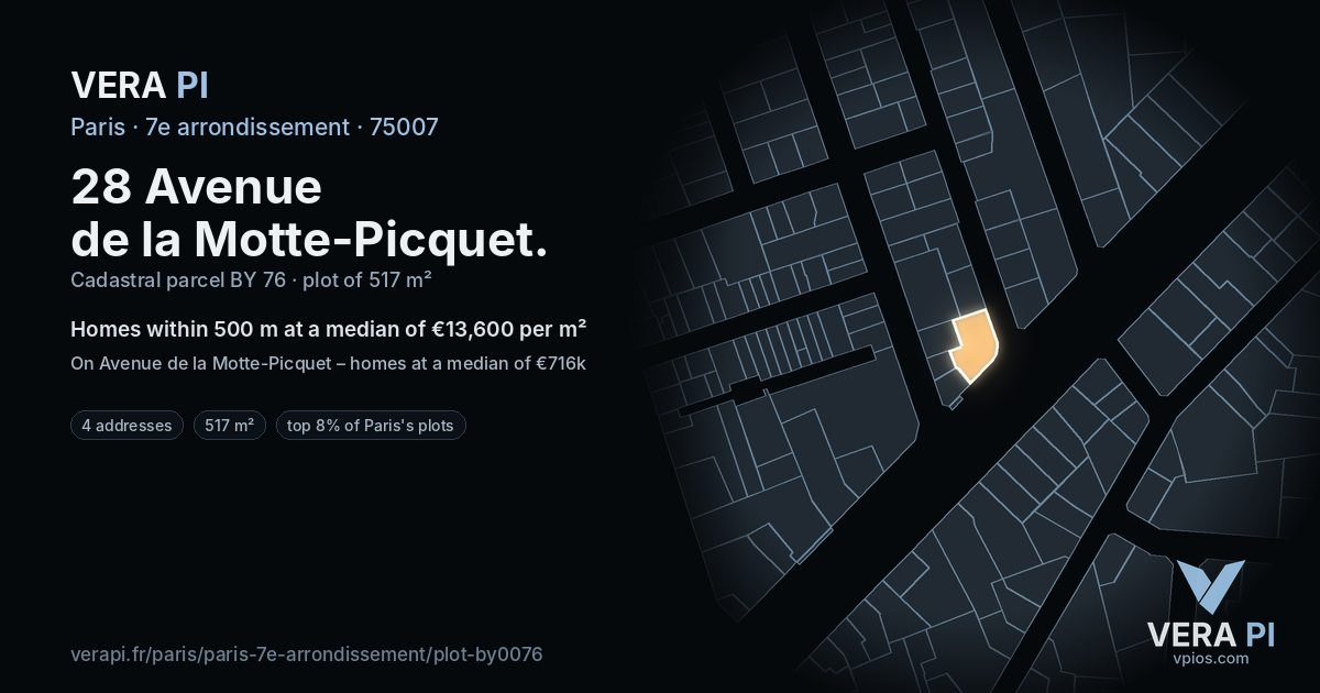 28 Avenue de la Motte-Picquet, 7e arrondissement at night – the plot lit, the parcels around coloured by the prices near them